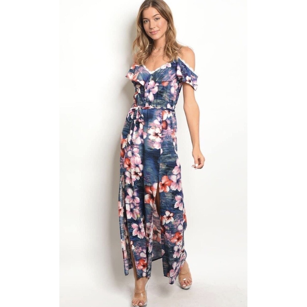 Miss Love Maxi Dress Medium Blue‎ Pink Floral Print Sleeveless Lace Trim Belt